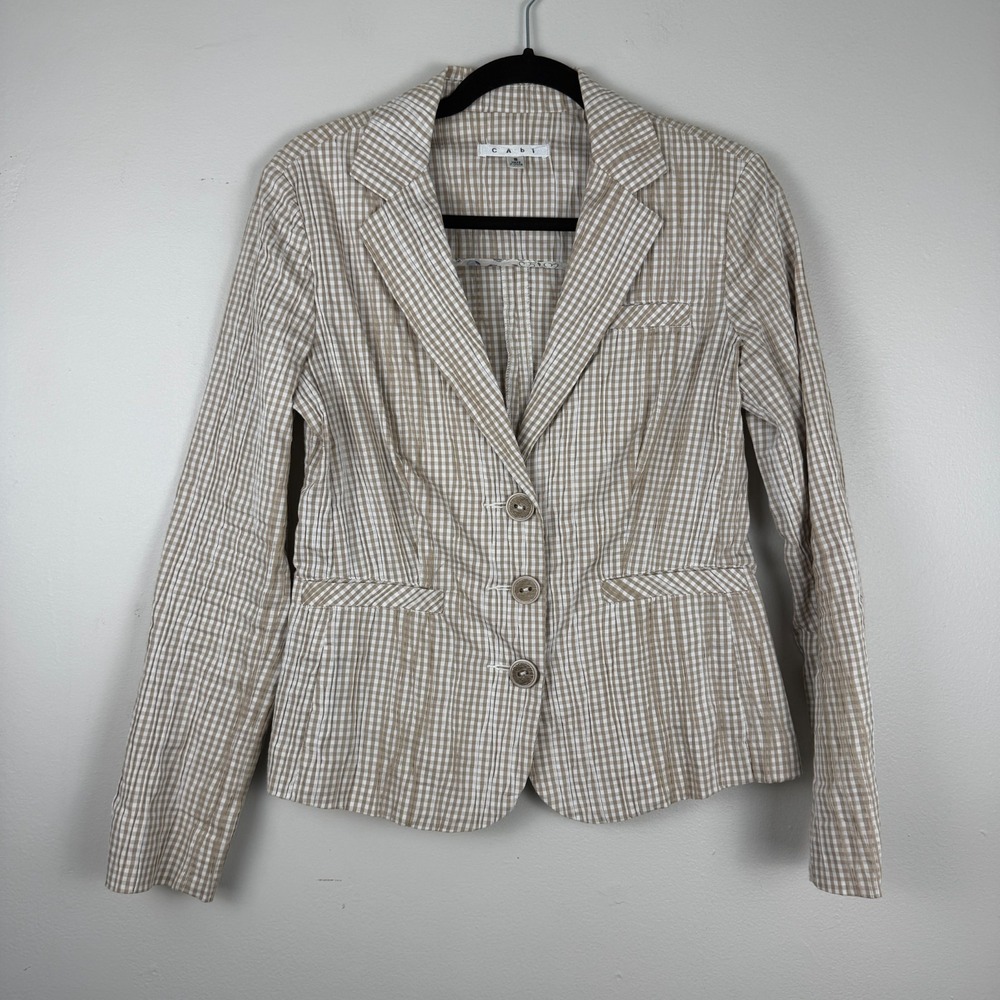 Cabi Blazer Women's Small White Tan Gingham Check Notch Lapel Jacket Cottagecore